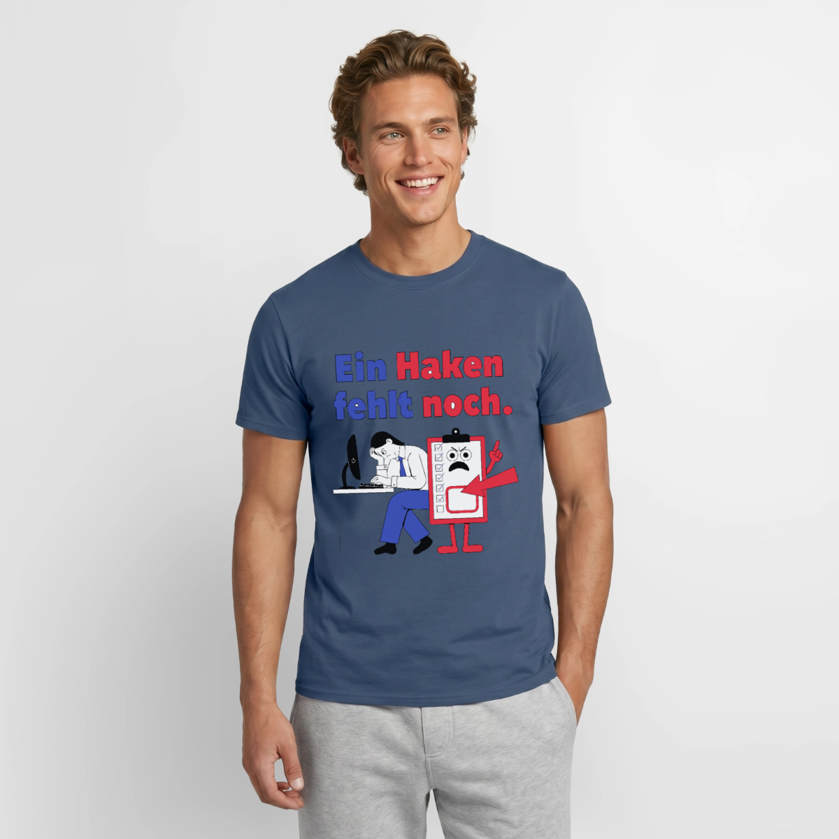 "Ein Haken fehlt noch. Klemmbrett-Motiv" Motiv-T-Shirt für Männer, Farbe Dunkles Denimblau
