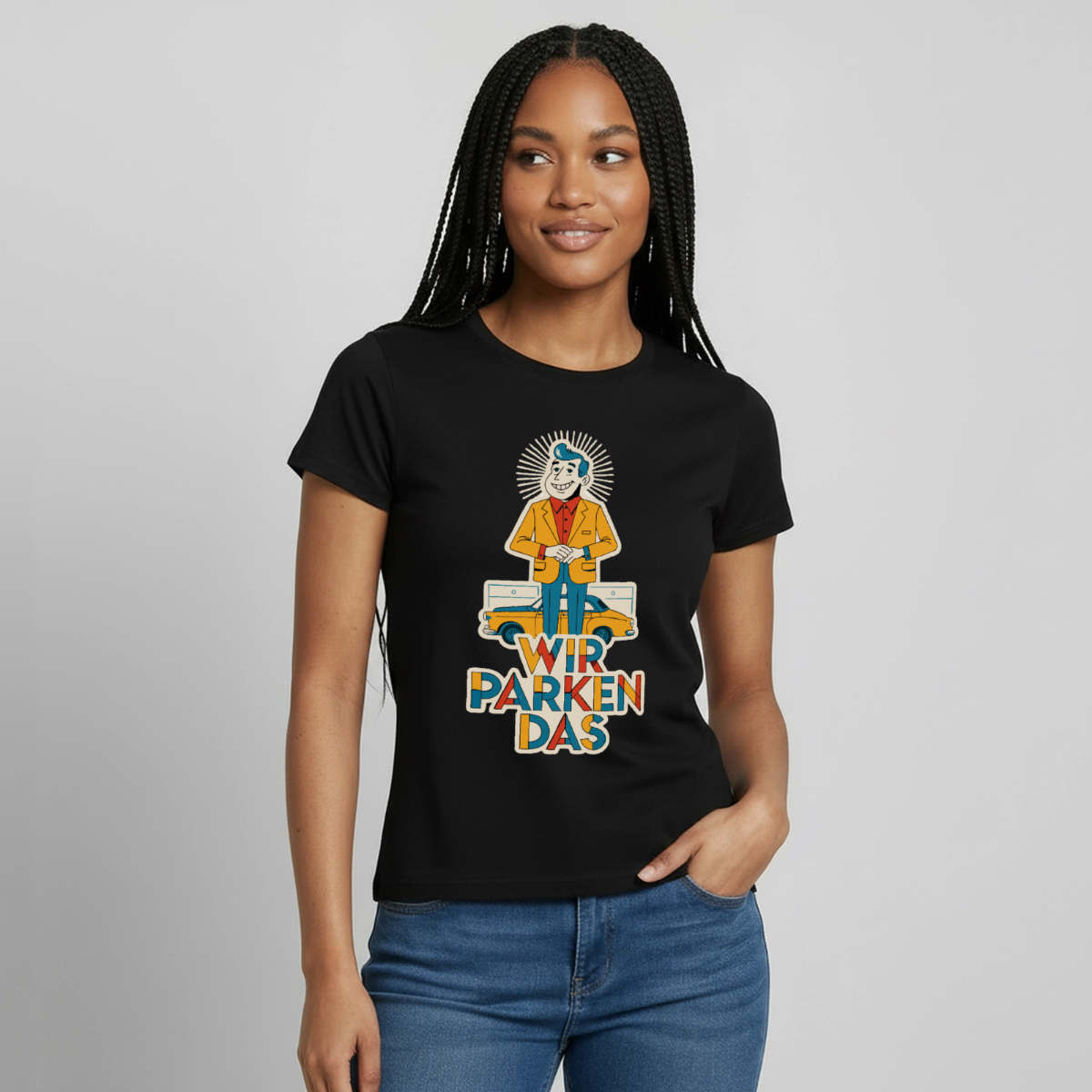 Wir parken das. Midcentury-Motiv Motiv-T-Shirt für Frauen, Farbe Schwarz, Model