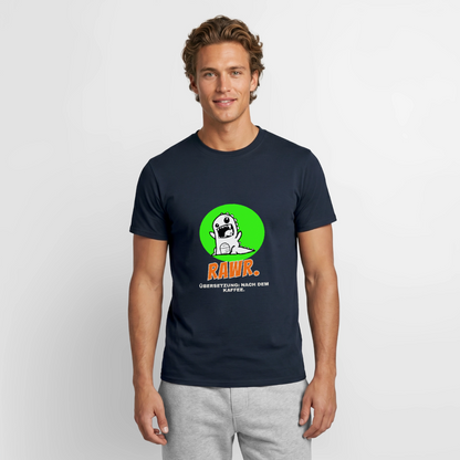 "Rawr. Übersetzung: nach dem Kaffee. Sticker-Motiv" Motiv-T-Shirt für Männer, Farbe Navy
