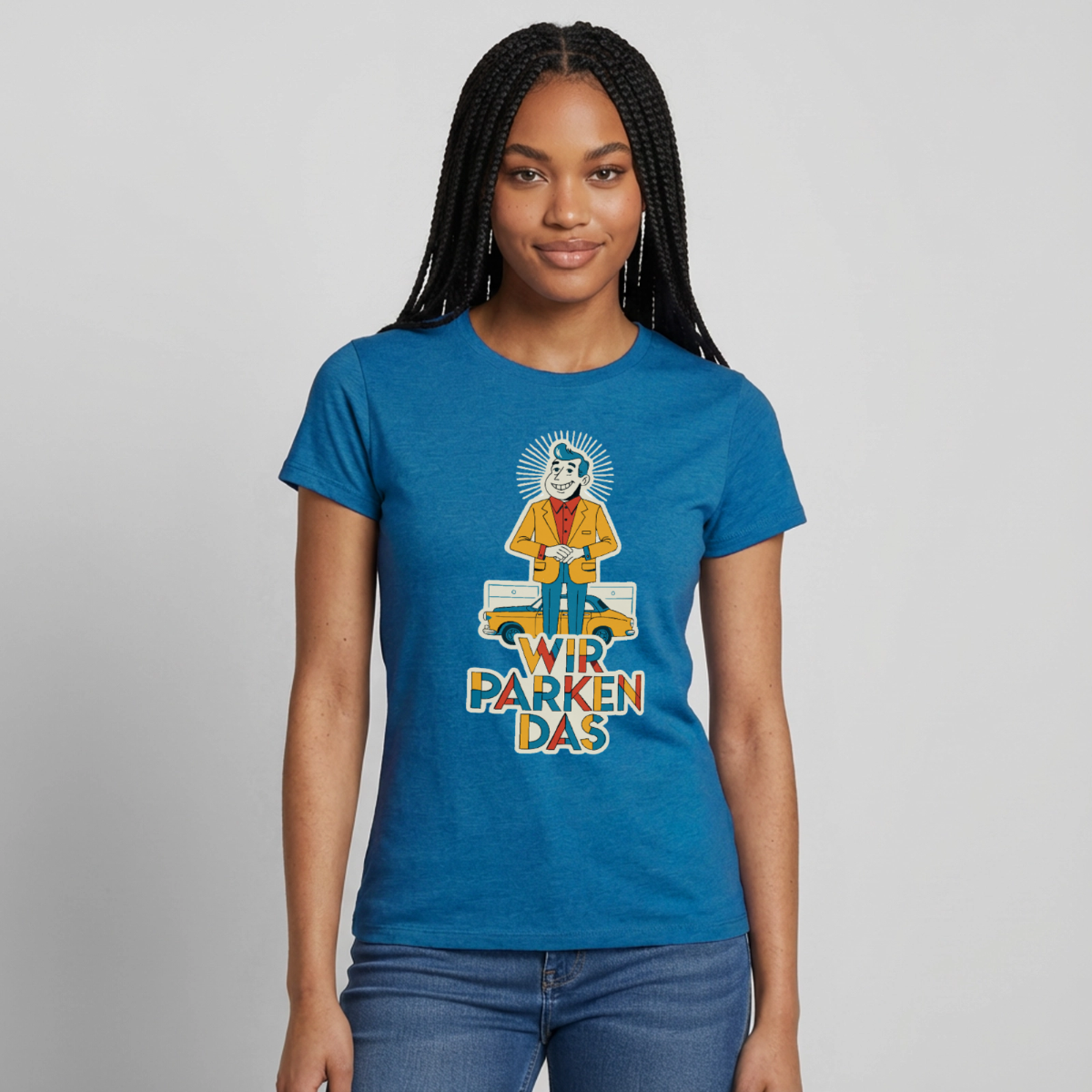 "Wir parken das. Midcentury-Motiv" Motiv-T-Shirt für Frauen, Farbe Antikblaues Saphir meliert