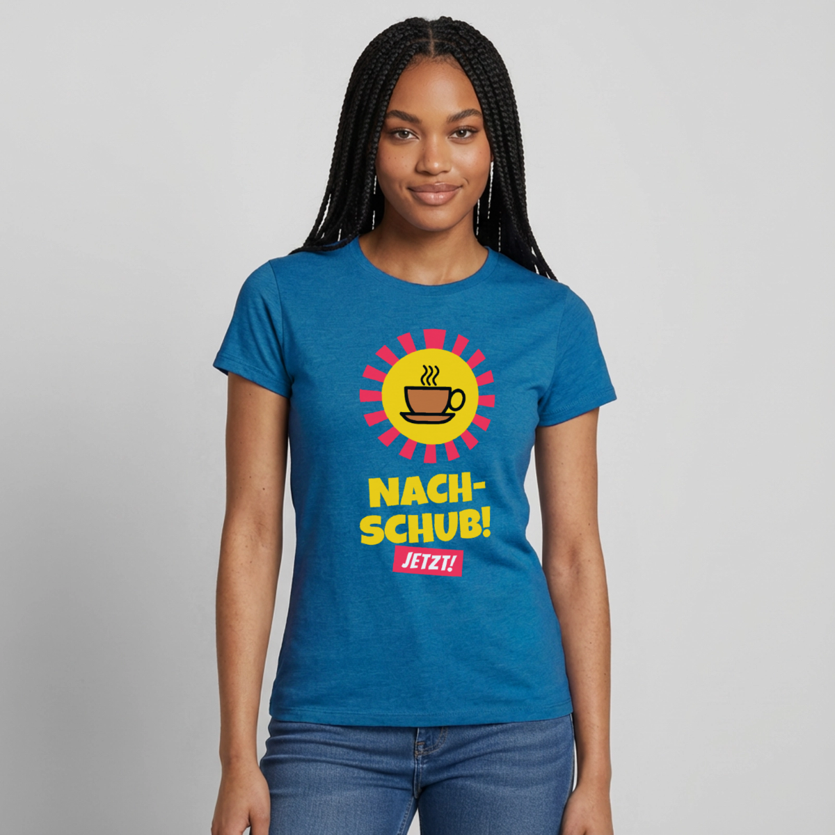 "Nachschub! Jetzt!" Motiv-T-Shirt für Frauen, Farbe Antikblaues Saphir meliert