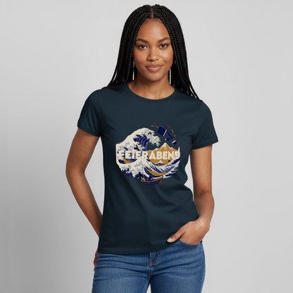 "Feierabend. Ukiyo-e-Motiv" Motiv-T-Shirt für Frauen, Farbe Navy