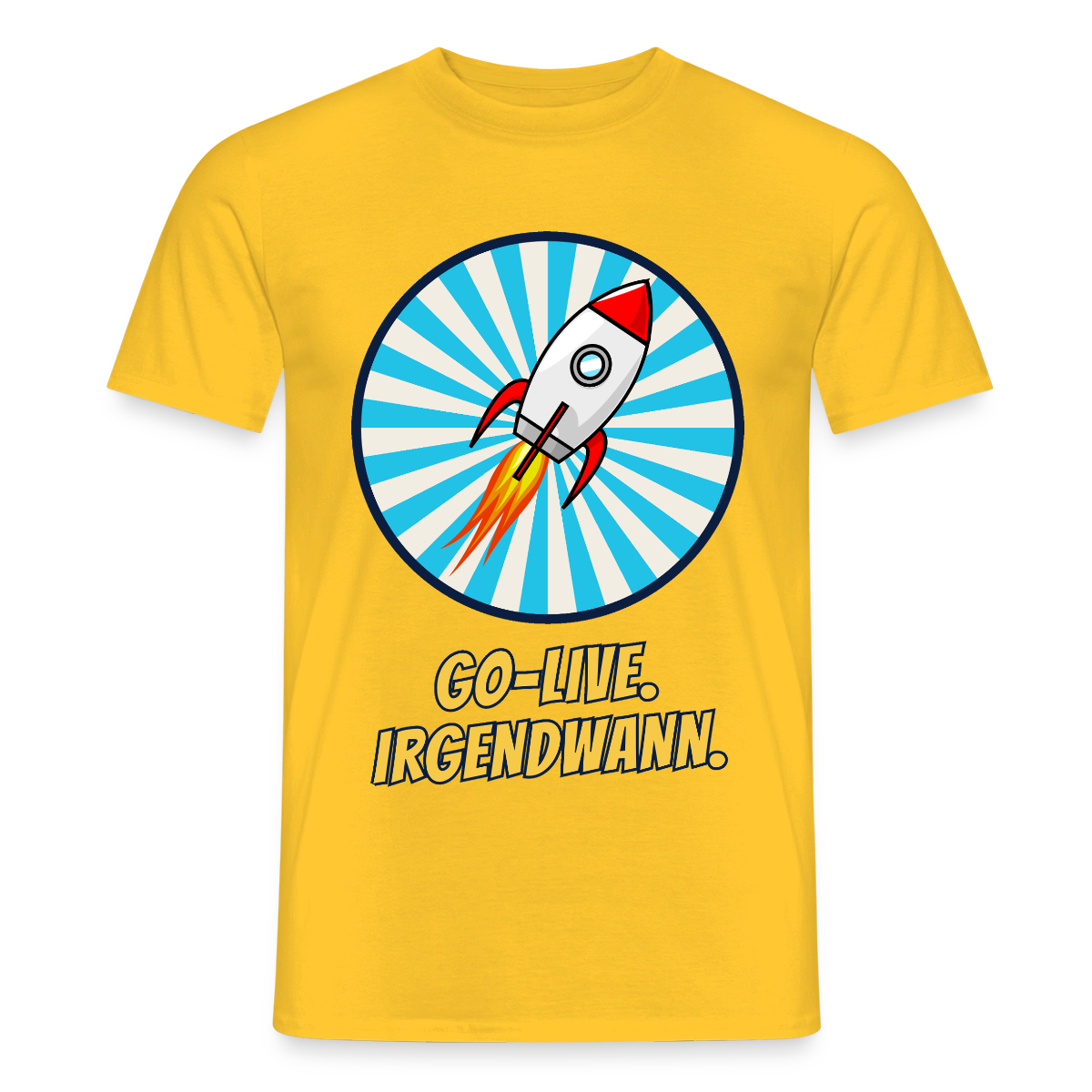 Go-Live. Irgendwann. Comic-Motiv Motiv-T-Shirt für Männer, Farbe Gelb
