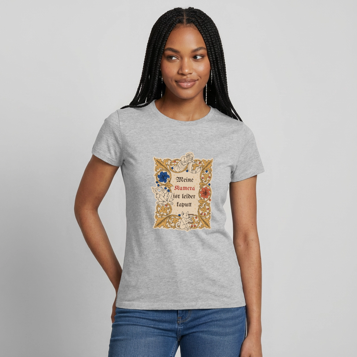 Meine Kamera ist leider kaputt. Buchmalerei-Motiv Motiv-T-Shirt für Frauen, Farbe Grau meliert, Model