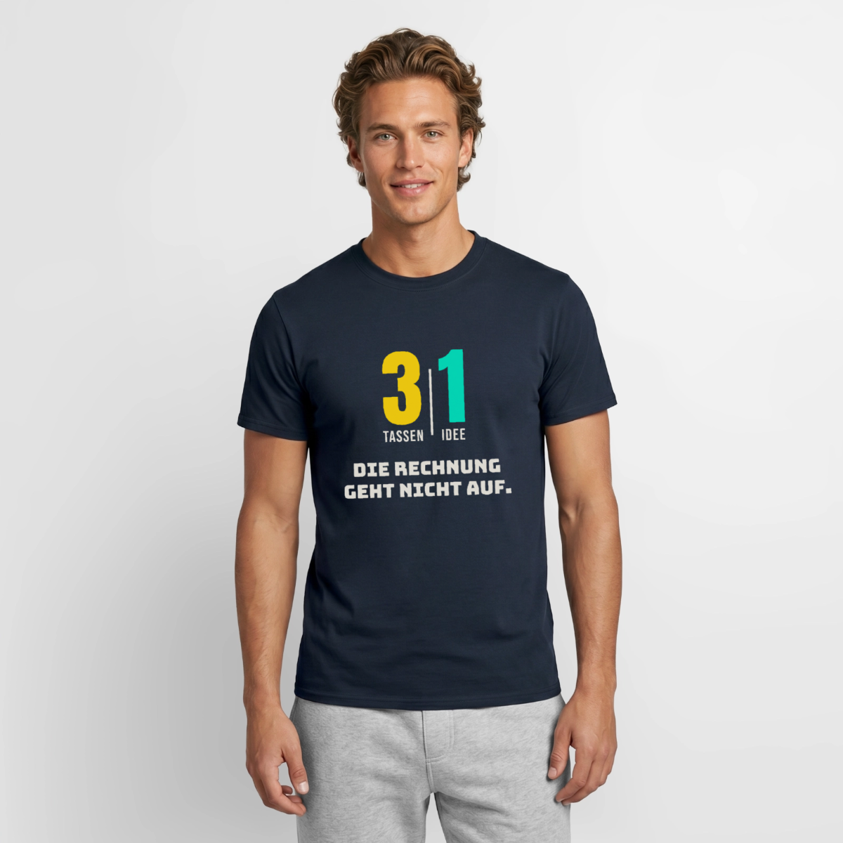 "3 Tassen, 1 Idee. Die Rechnung geht nicht auf." Motiv-T-Shirt für Männer, Farbe Navy
