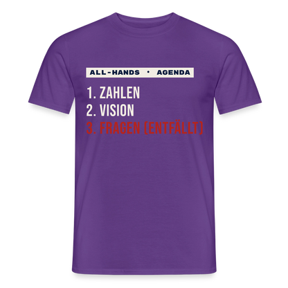 All-Hands-Agenda: 1 Zahlen, 2 Vision, 3 Fragen (entfällt) Motiv-T-Shirt für Männer, Farbe Lila