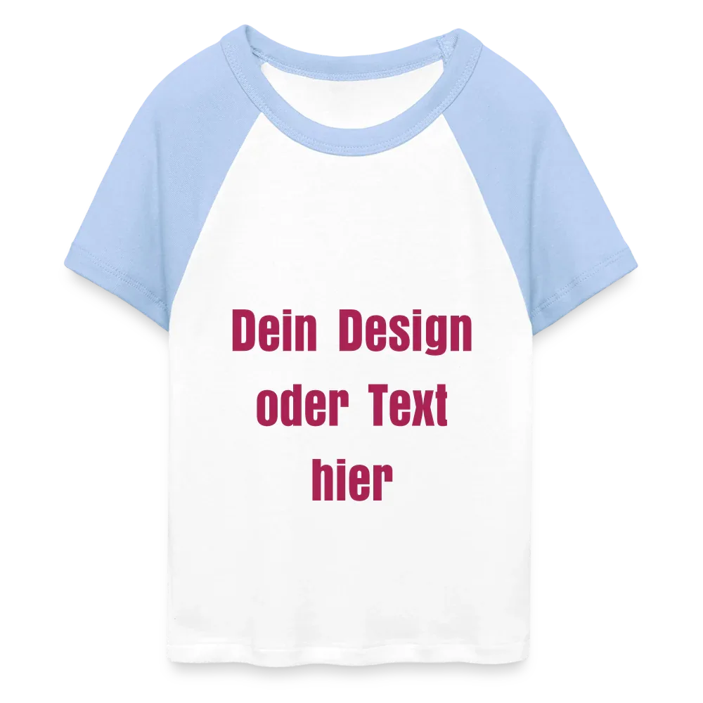 Frauen Cropped Baseball T-Shirt - personalisierbare Vorder- und Rückseite - Weiß/Hellblau