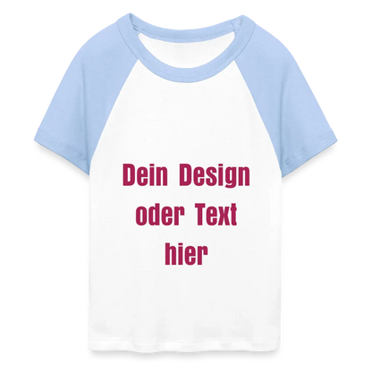 Frauen Cropped Baseball T-Shirt - personalisierbare Vorder- und Rückseite - Weiß/Hellblau