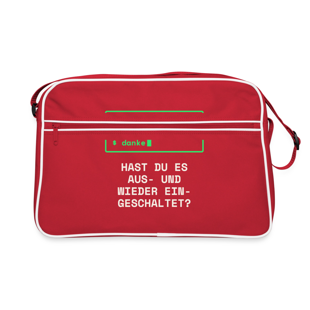 "Hast du es aus- und wieder eingeschaltet?" Motiv-Retro-Tasche, Farbe Rot/Weiß