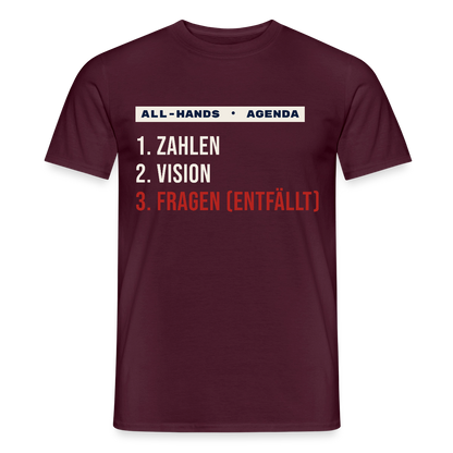 All-Hands-Agenda: 1 Zahlen, 2 Vision, 3 Fragen (entfällt) Motiv-T-Shirt für Männer, Farbe Ziegelrot