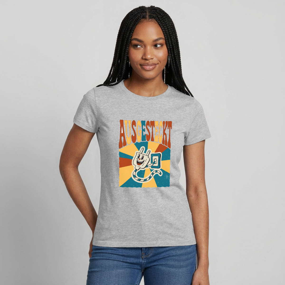 "Ausgesteckt. Midcentury-Motiv" Motiv-T-Shirt für Frauen, Farbe Grau meliert