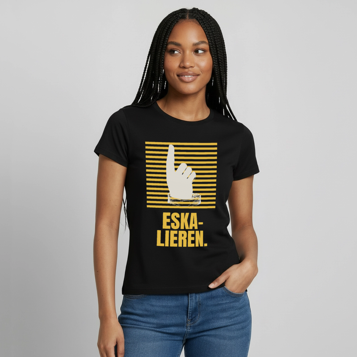 Eskalieren. Motiv-T-Shirt für Frauen, Farbe Schwarz, Model