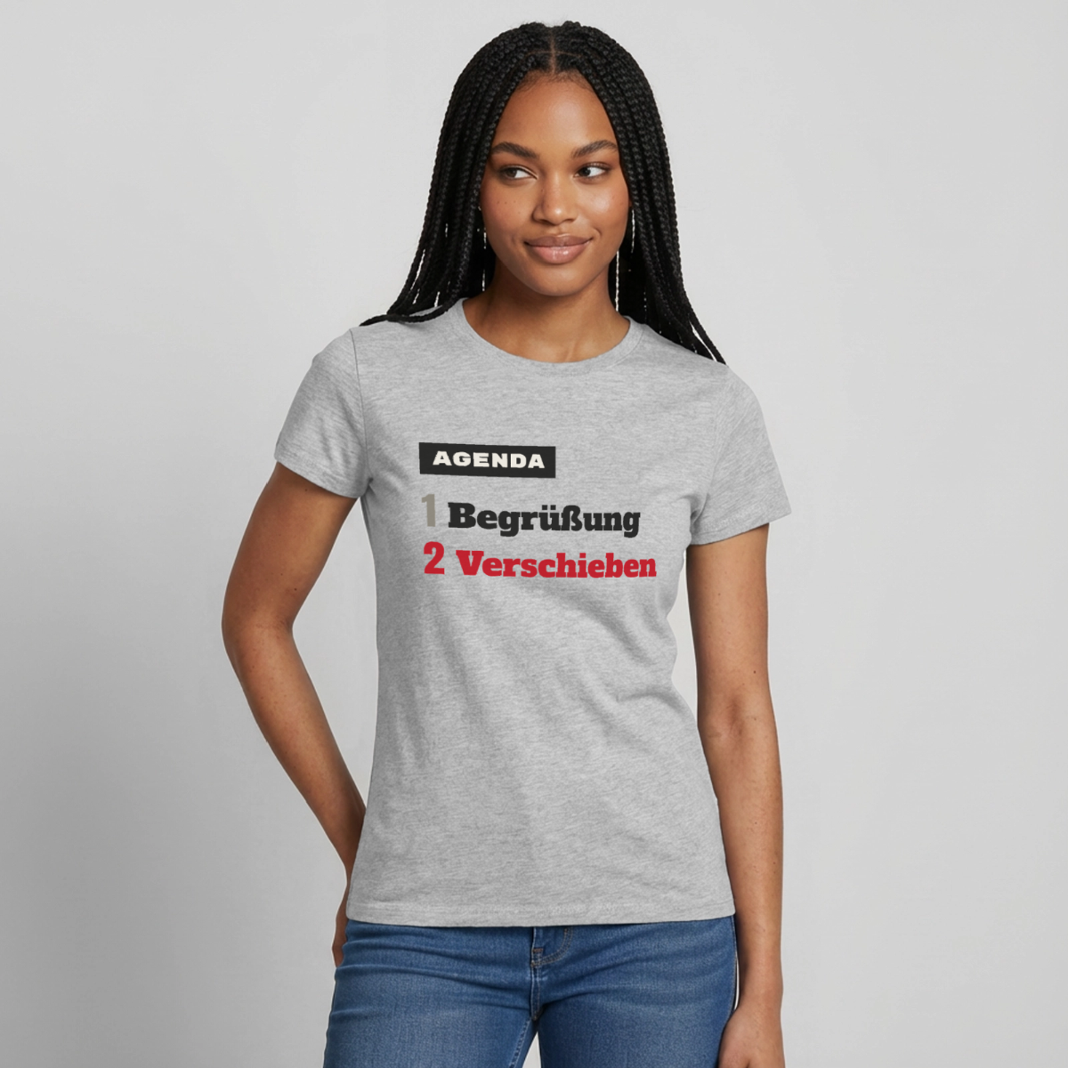 Agenda: 1 Begrüßung, 2 Verschieben Motiv-T-Shirt für Frauen, Farbe Grau meliert, Model