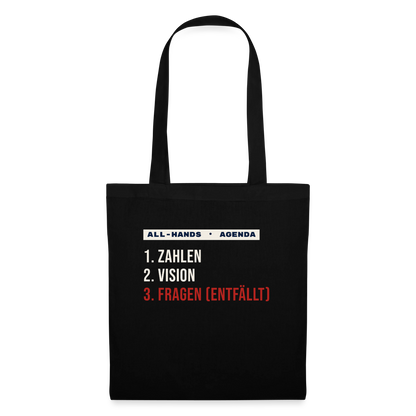All-Hands-Agenda: 1 Zahlen, 2 Vision, 3 Fragen (entfällt) Stoffbeutel, Farbe Schwarz