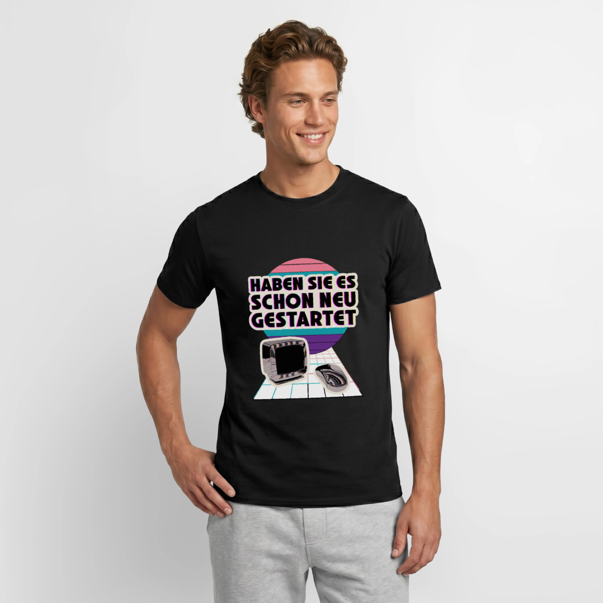 "Haben Sie es schon neu gestartet? Vaporwave-Motiv" Motiv-T-Shirt für Männer, Farbe Schwarz, Model