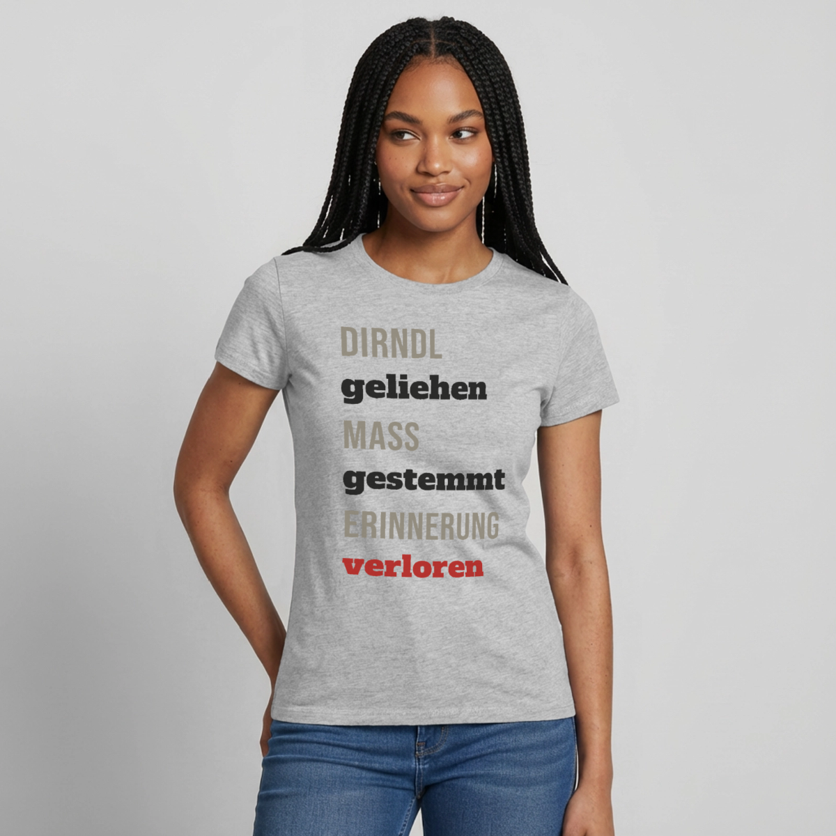 Dirndl geliehen, Maß gestemmt, Erinnerung verloren Motiv-T-Shirt für Frauen, Farbe Grau meliert, Model