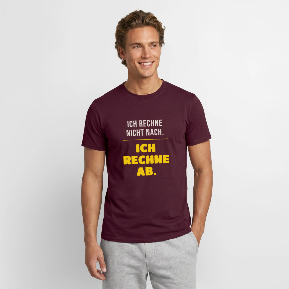 "Ich rechne nicht nach. Ich rechne ab." Motiv-T-Shirt für Männer, Farbe Ziegelrot