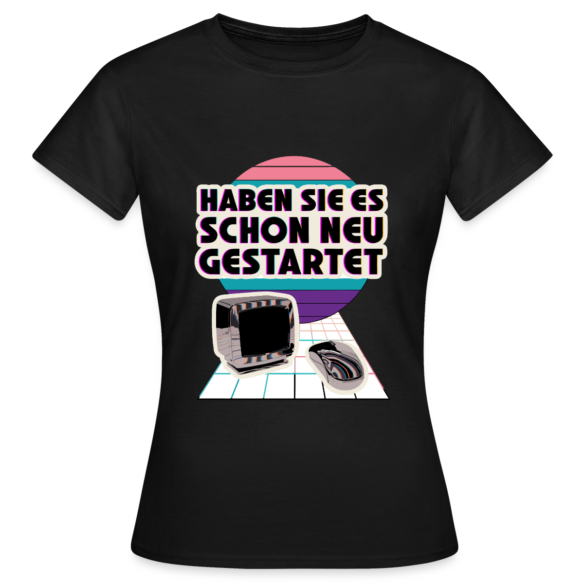 Haben Sie es schon neu gestartet? Vaporwave-Motiv Motiv-T-Shirt für Frauen, Farbe Schwarz