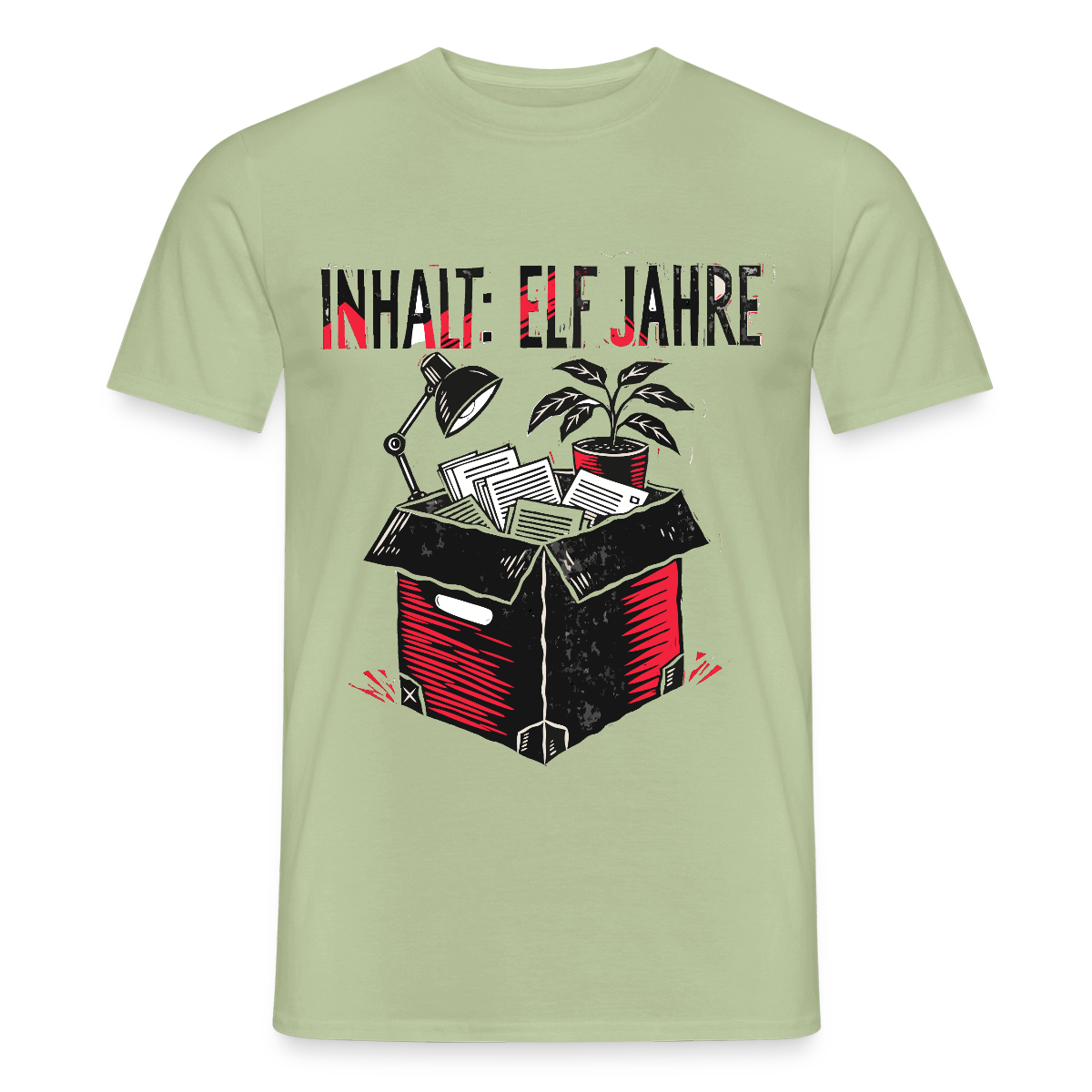 "Inhalt: elf Jahre. Linolschnitt-Motiv" Motiv-T-Shirt für Männer, Farbe Sage