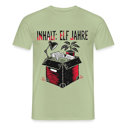 "Inhalt: elf Jahre. Linolschnitt-Motiv" Motiv-T-Shirt für Männer, Farbe Sage