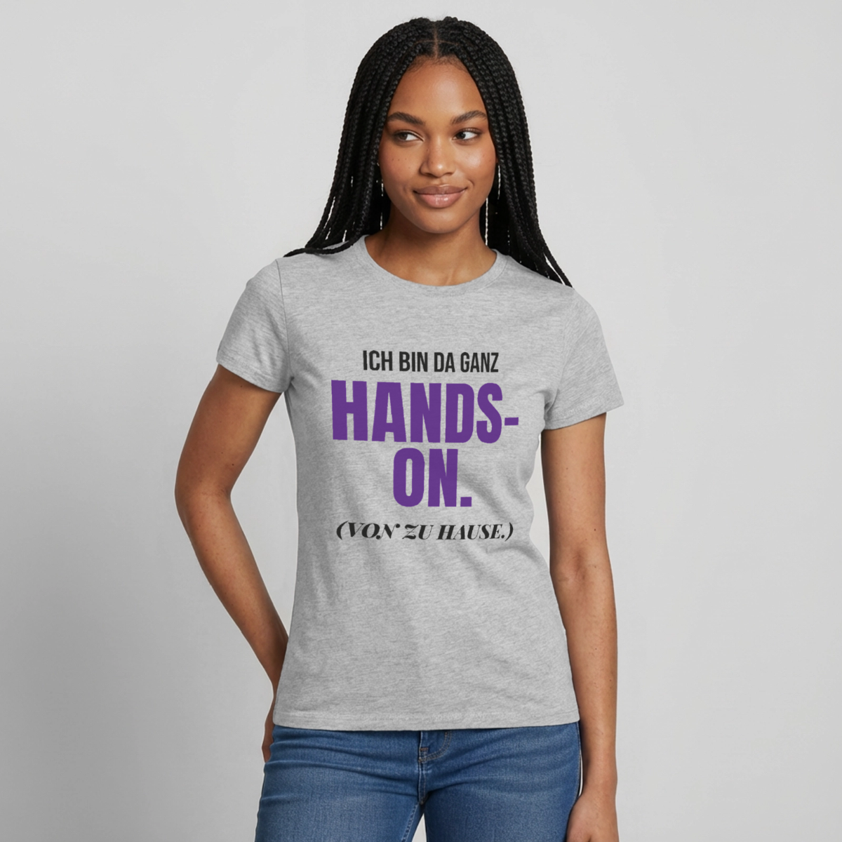 Hands-on von zu Hause Motiv-T-Shirt für Frauen, Farbe Grau meliert, Model