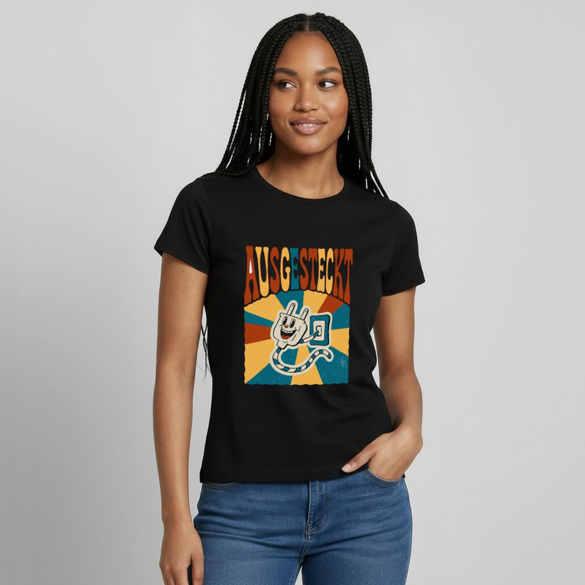 "Ausgesteckt. Midcentury-Motiv" Motiv-T-Shirt für Frauen, Farbe Schwarz