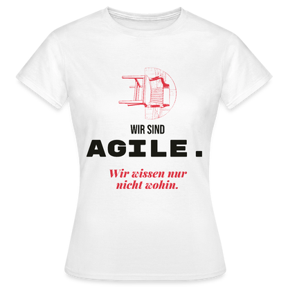Wir sind agile. Wir wissen nur nicht wohin. Motiv-T-Shirt für Frauen, Farbe Weiß