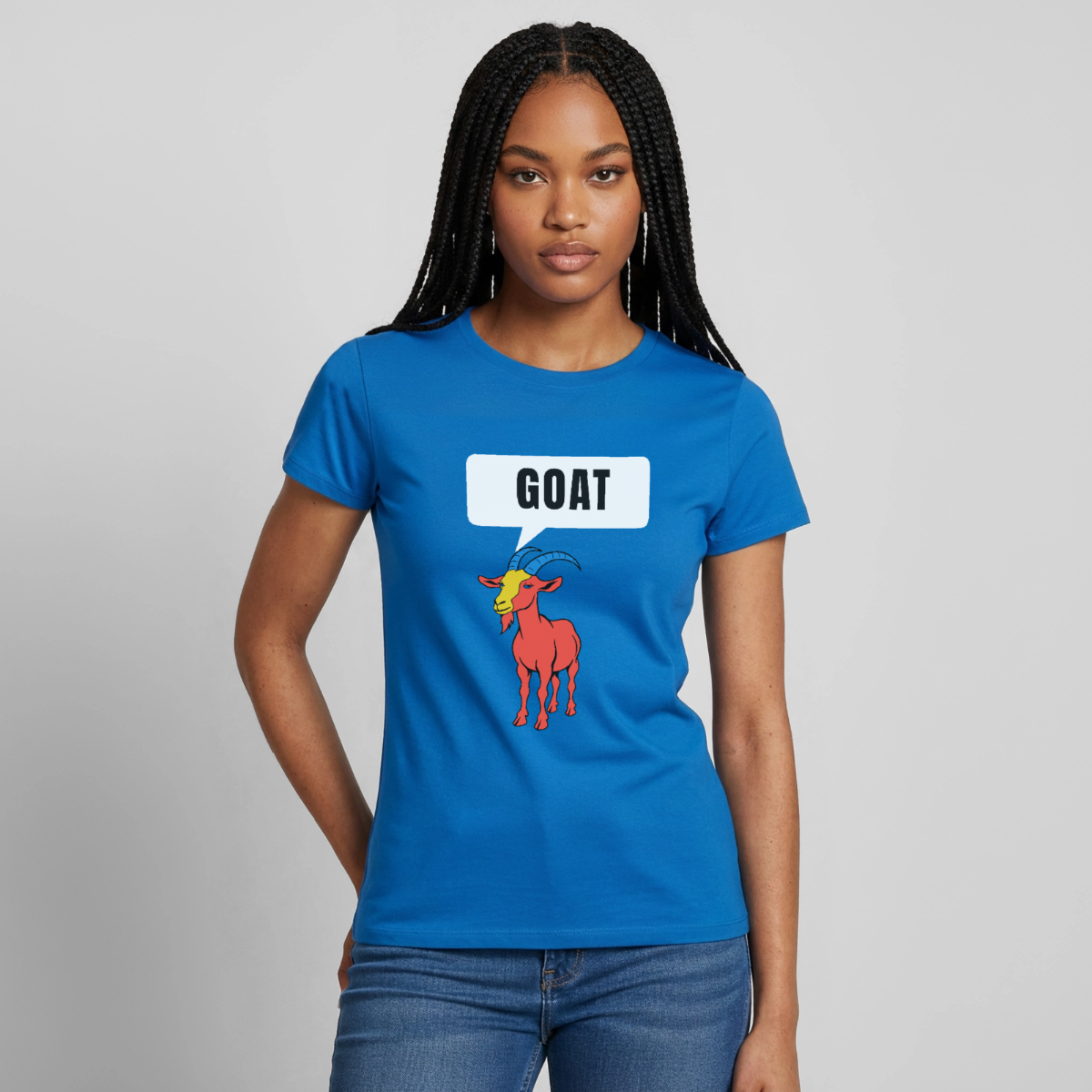 GOAT. Schild-Motiv Motiv-T-Shirt für Frauen, Farbe Royalblau, Model
