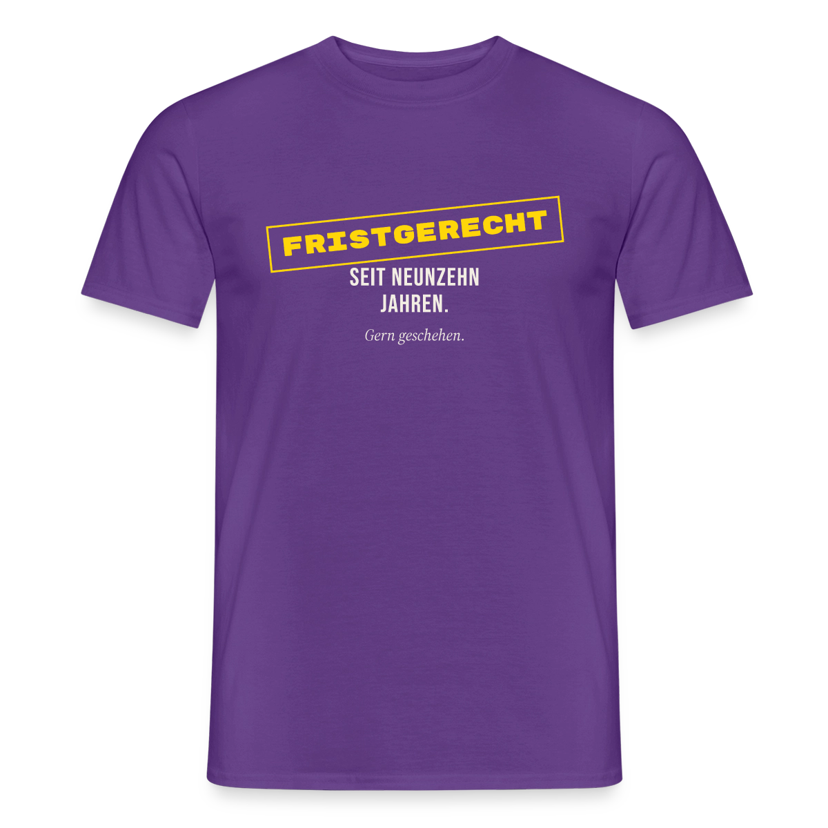 "Fristgerecht seit neunzehn Jahren. Gern geschehen." Motiv-T-Shirt für Männer, Farbe Lila