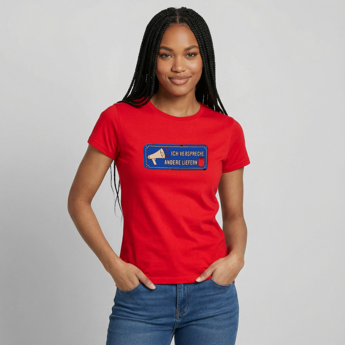 Ich verspreche. Andere liefern. Motiv-T-Shirt für Frauen, Farbe Rot, Model
