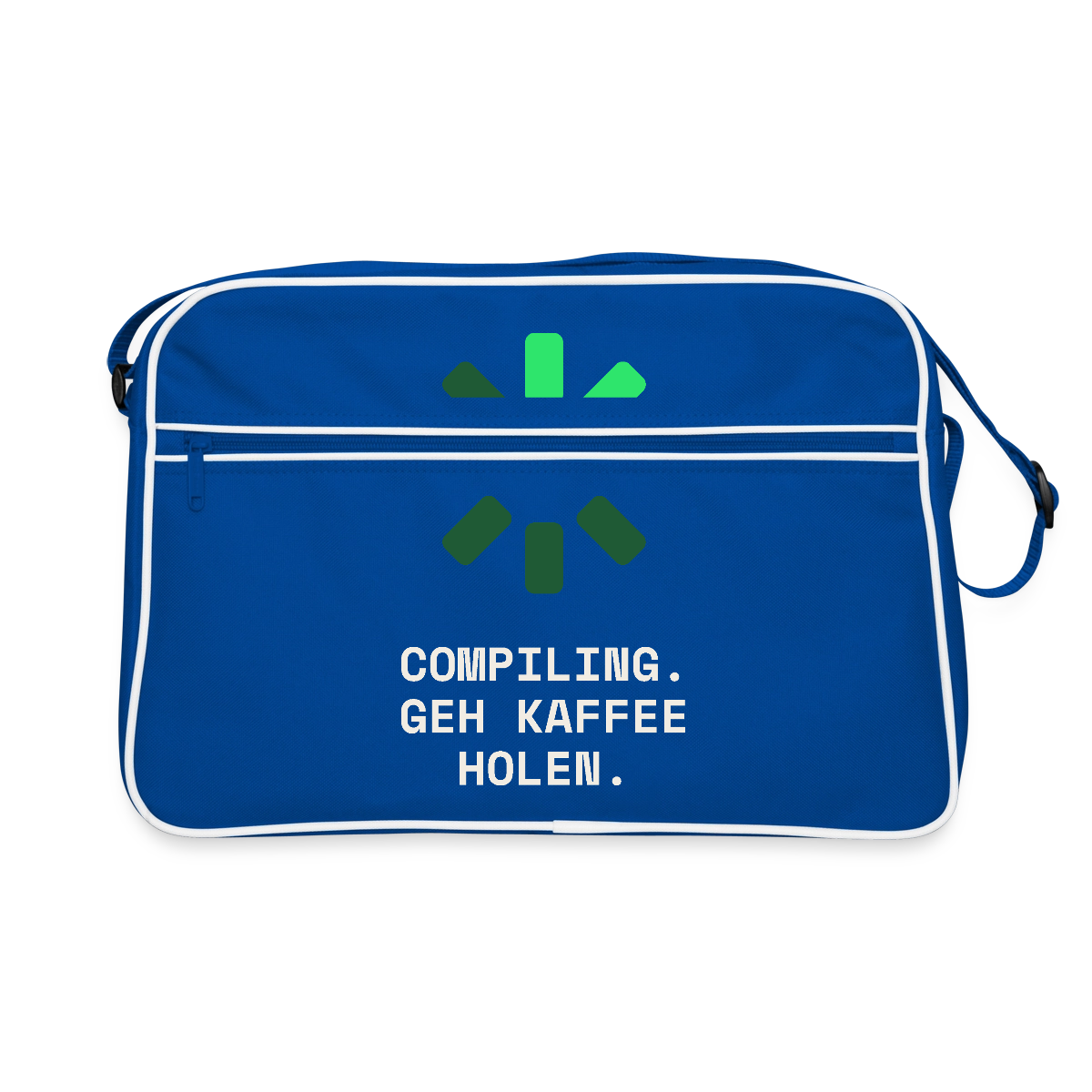 "Compiling. Geh Kaffee holen." Motiv-Retro-Tasche, Farbe Blau/Weiß