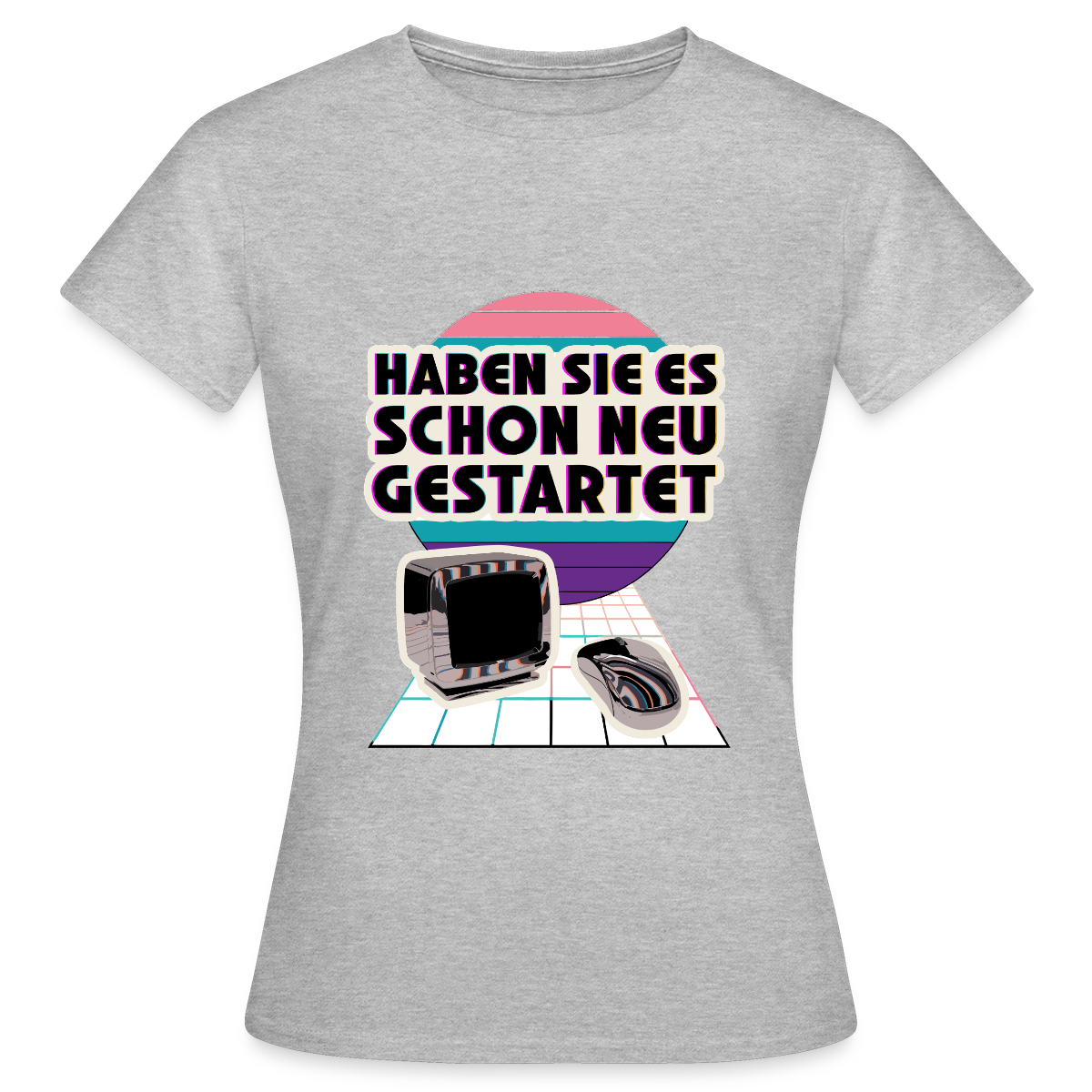 Haben Sie es schon neu gestartet? Vaporwave-Motiv Motiv-T-Shirt für Frauen, Farbe Grau meliert
