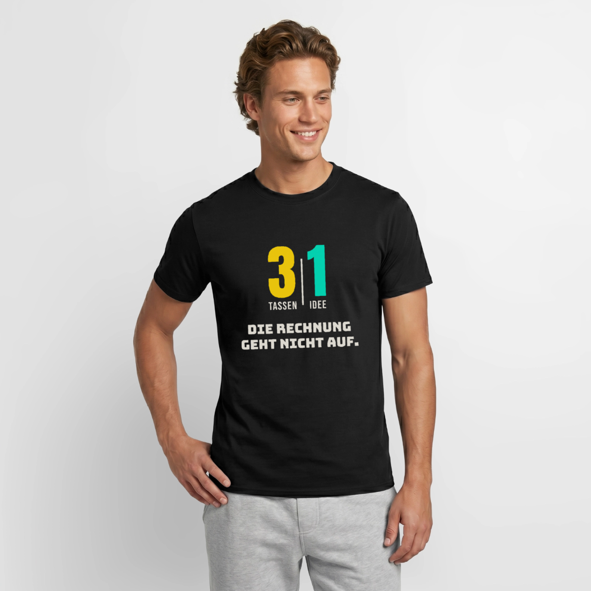 "3 Tassen, 1 Idee. Die Rechnung geht nicht auf." Motiv-T-Shirt für Männer, Farbe Schwarz