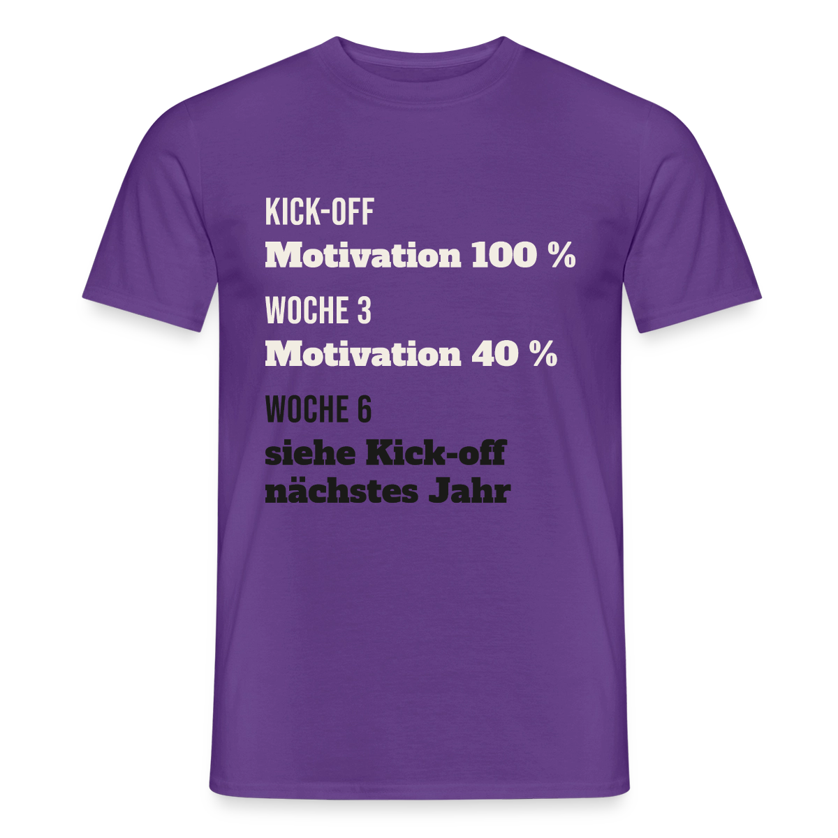 "Kick-off: Motivation 100 %. Woche 3: 40 %. Woche 6: siehe Kick-off nächstes Jahr" Motiv-T-Shirt für Männer, Farbe Lila