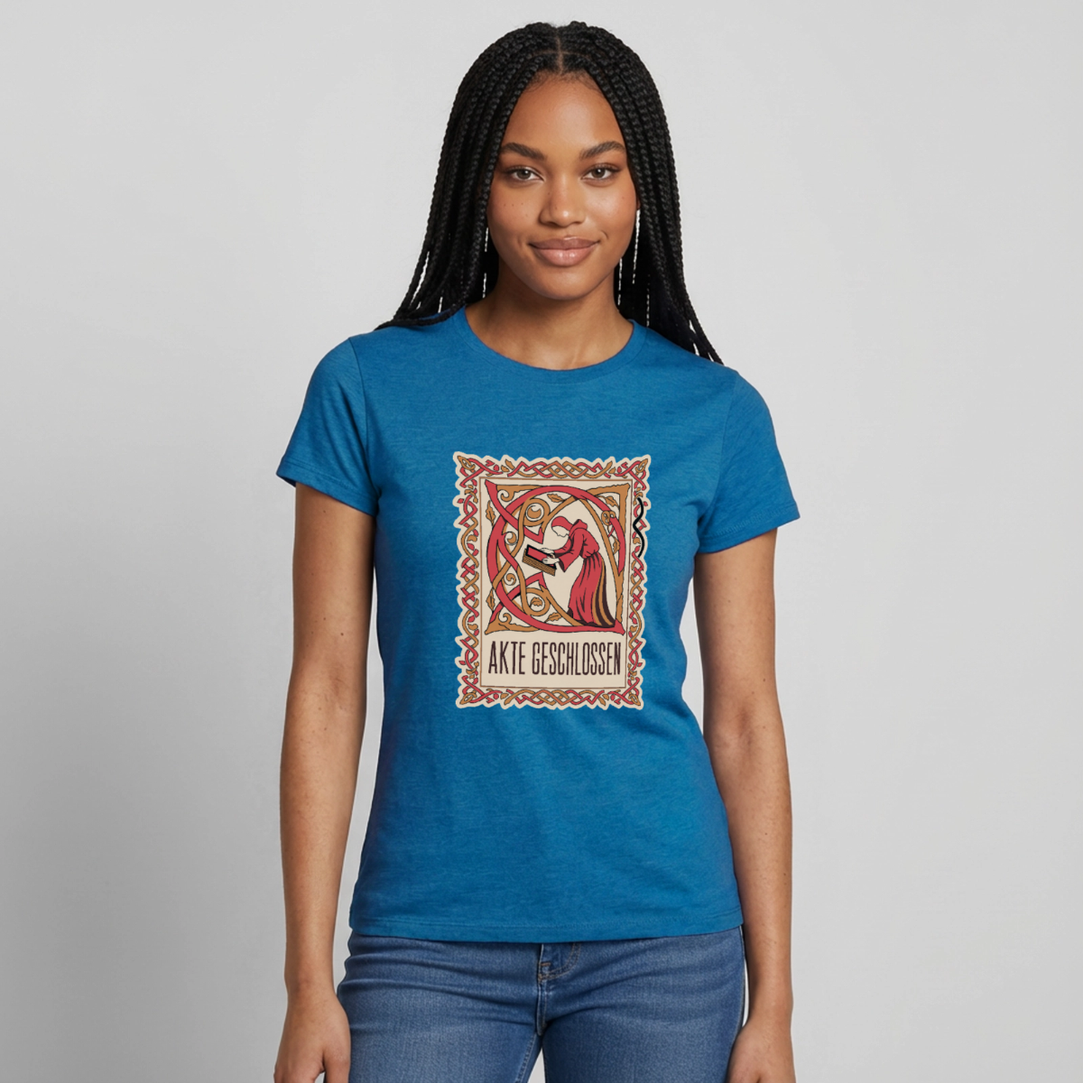 "Akte geschlossen. Buchmalerei-Motiv" Motiv-T-Shirt für Frauen, Farbe Antikblaues Saphir meliert