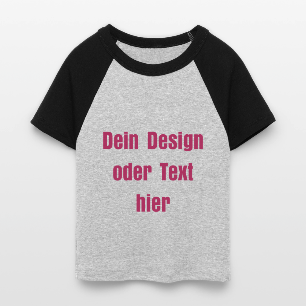 Frauen Cropped Baseball T-Shirt - personalisierbare Vorder- und Rückseite - Grau meliert/Schwarz