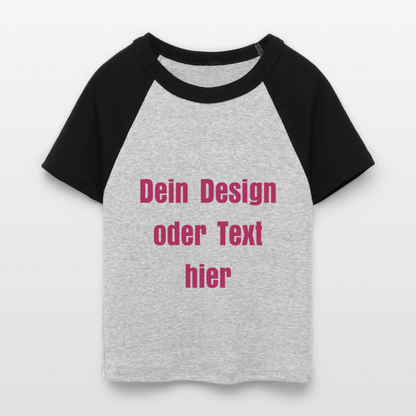 Frauen Cropped Baseball T-Shirt - personalisierbare Vorder- und Rückseite - Grau meliert/Schwarz