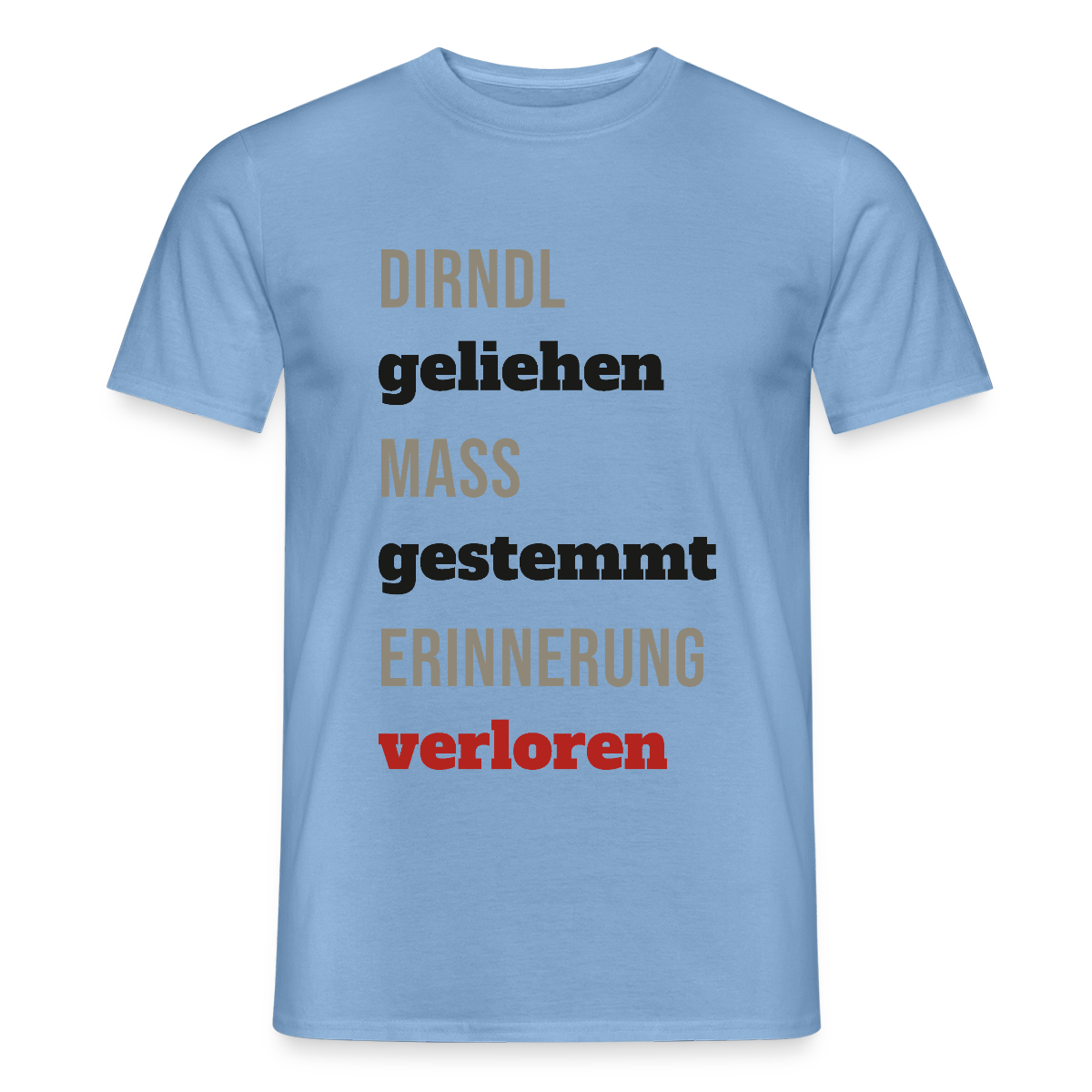 "Dirndl geliehen, Maß gestemmt, Erinnerung verloren" Motiv-T-Shirt für Männer, Farbe Carolina Blue