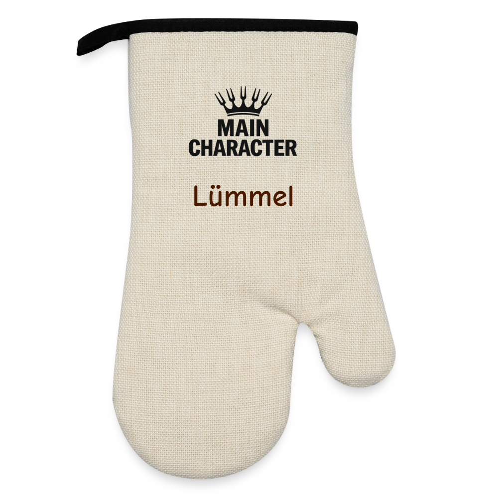 Grill- & Ofenhandschuh (hitzebeständig) mit Gummibeschichtung "Main Character" - personalisierbarer Name oder Text - Leinen/Schwarz 