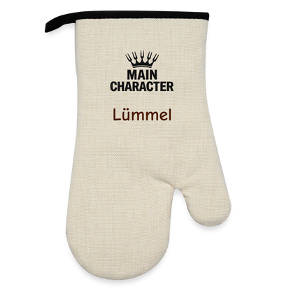 Grill- & Ofenhandschuh (hitzebeständig) mit Gummibeschichtung "Main Character" - personalisierbarer Name oder Text - Leinen/Schwarz 