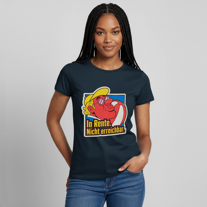 "In Rente. Nicht erreichbar. Popart-Motiv" Motiv-T-Shirt für Frauen, Farbe Navy