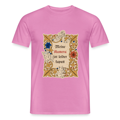 "Meine Kamera ist leider kaputt. Buchmalerei-Motiv" Motiv-T-Shirt für Männer, Farbe Pink