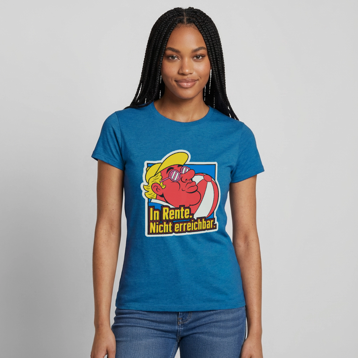 "In Rente. Nicht erreichbar. Popart-Motiv" Motiv-T-Shirt für Frauen, Farbe Antikblaues Saphir meliert