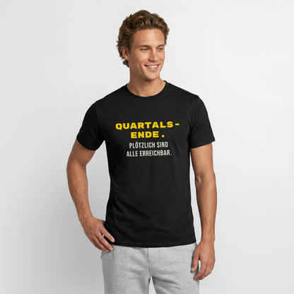 "Quartalsende. Plötzlich sind alle erreichbar." Motiv-T-Shirt für Männer, Farbe Schwarz, Model