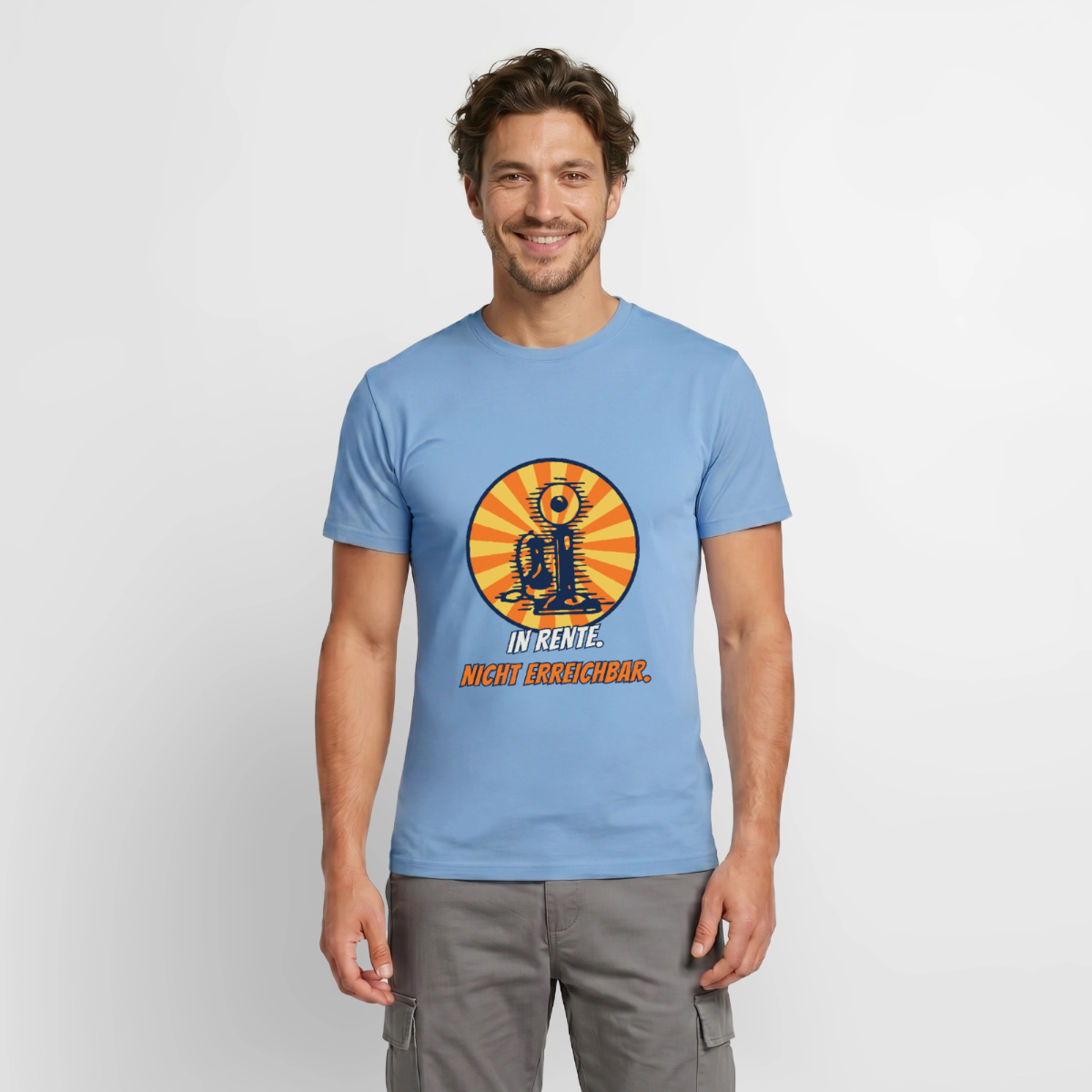 In Rente. Nicht erreichbar. Comic-Motiv Motiv-T-Shirt für Männer, Farbe Carolina Blue, Model
