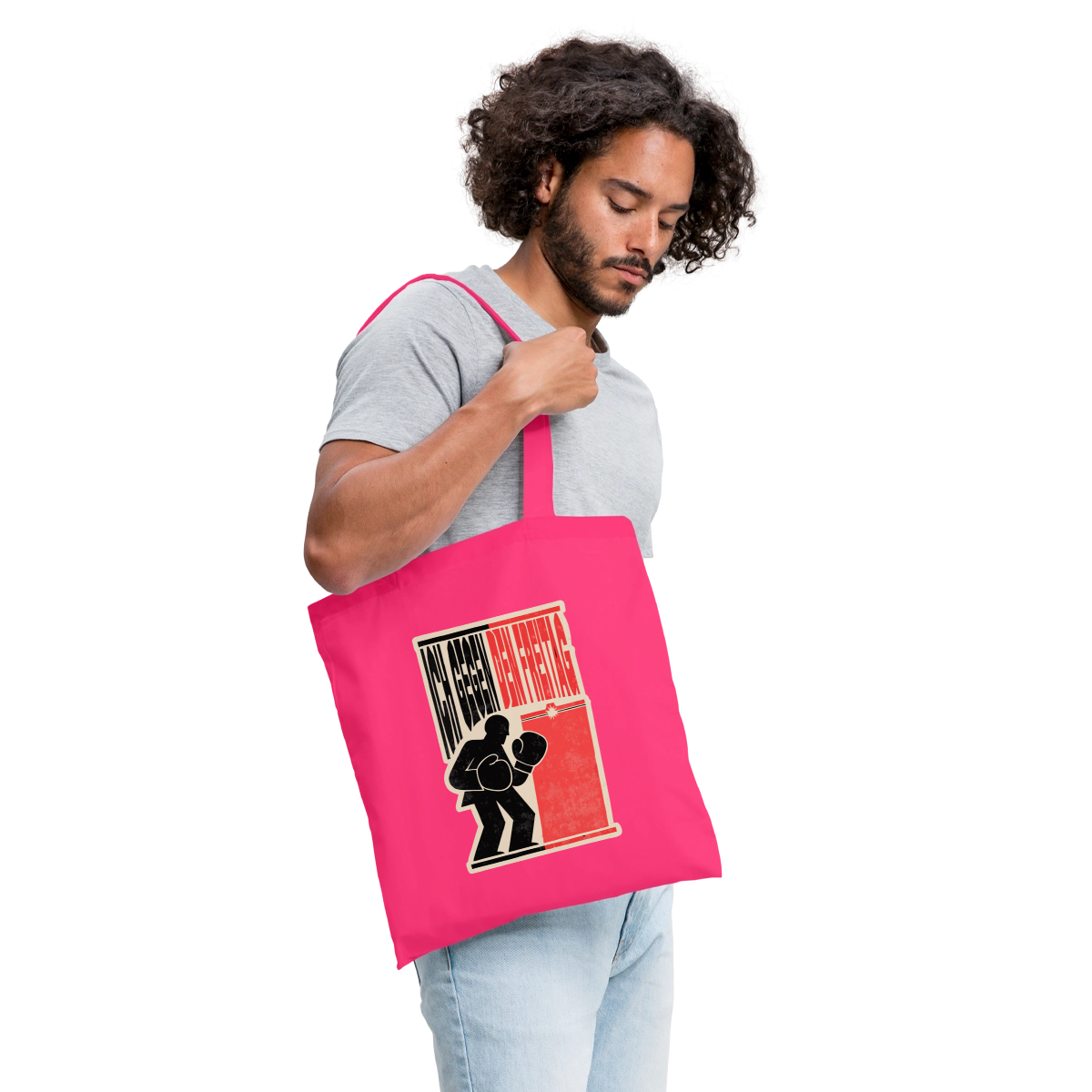 "Ich gegen den Freitag. Boxplakat-Motiv" Stoffbeutel, Farbe Azalea, Model