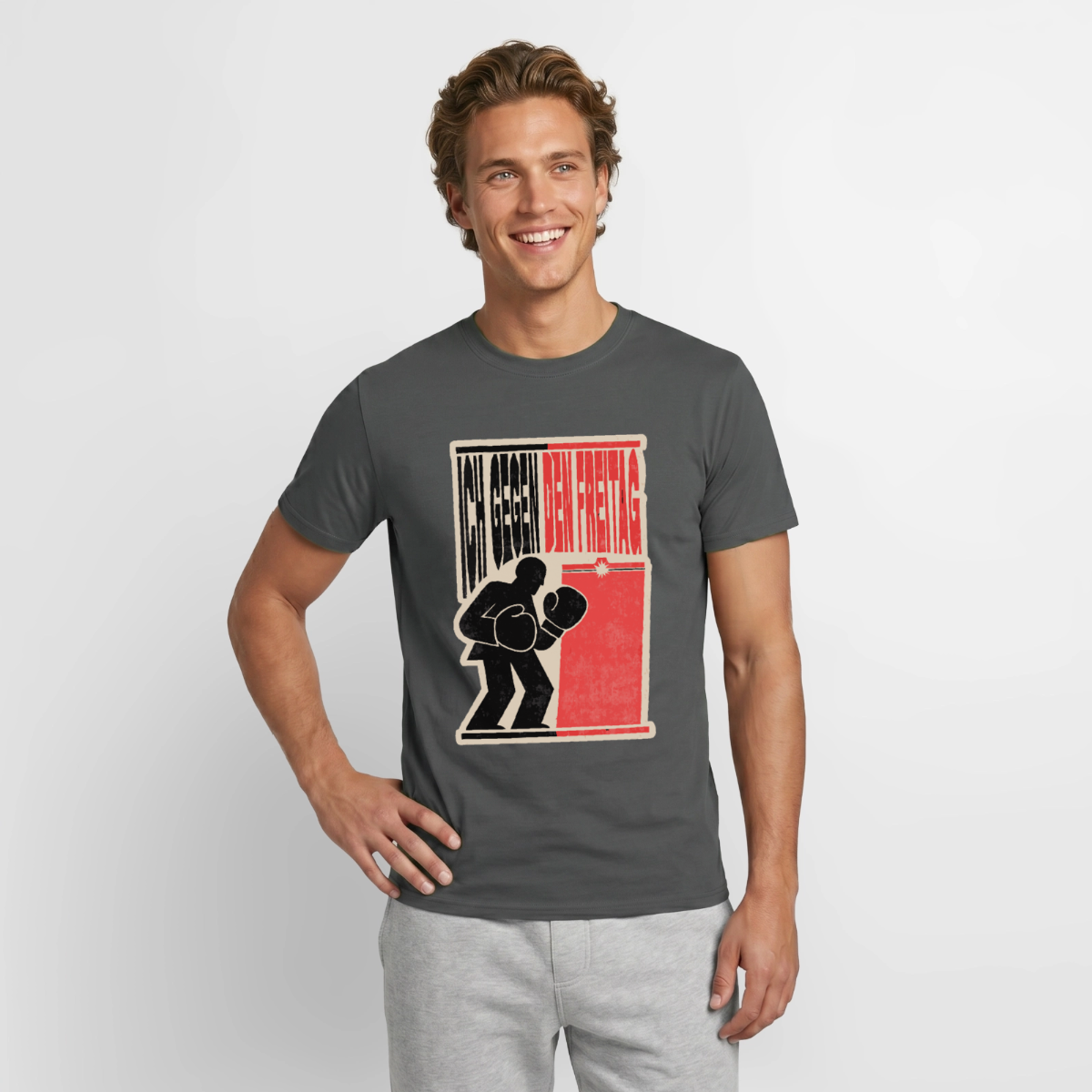 "Ich gegen den Freitag. Boxplakat-Motiv" Motiv-T-Shirt für Männer, Farbe Anthrazit