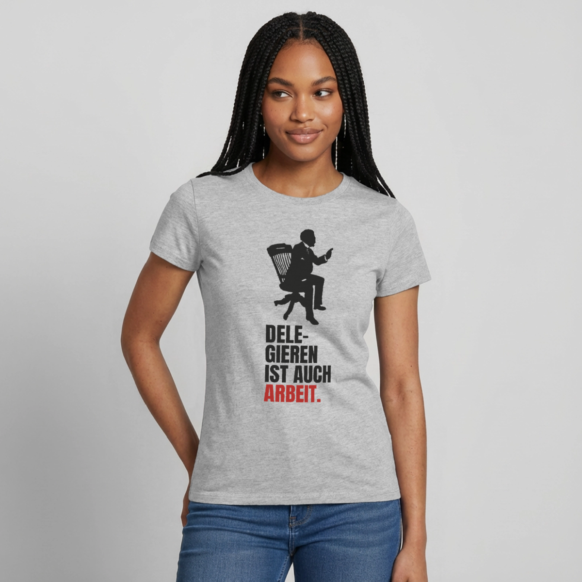 Delegieren ist auch Arbeit. Motiv-T-Shirt für Frauen, Farbe Grau meliert, Model