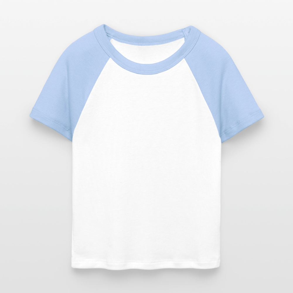 Frauen Cropped Baseball T-Shirt - personalisierbare Vorder- und Rückseite - Weiß/Hellblau