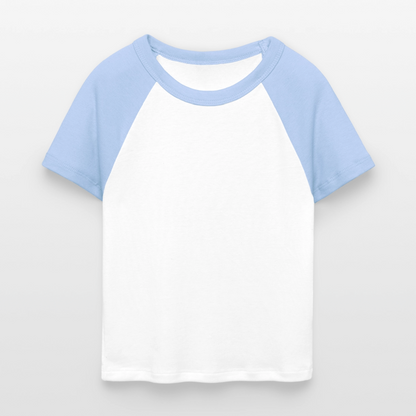 Frauen Cropped Baseball T-Shirt - personalisierbare Vorder- und Rückseite - Weiß/Hellblau